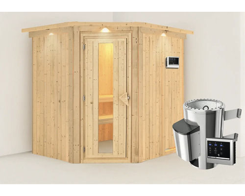 Plug & Play Sauna Karibu Achat VII inkl. 3,6 kW Ofen u.ext.Steuerung mit Dachkranz und Holztüre aus Isolierglas wärmegedämmt