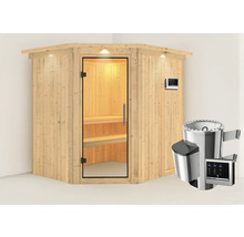 Plug & Play Sauna Karibu Achat VII inkl. 3,6 kW Ofen u.ext.Steuerung mit Dachkranz und Ganzglastüre aus Klarglas