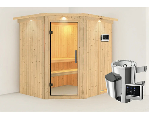 Plug & Play Sauna Karibu Achat VII inkl. 3,6 kW Ofen u.ext.Steuerung mit Dachkranz und Ganzglastüre aus Klarglas