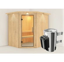 Holzsauna mit Glastür und Saunaofen