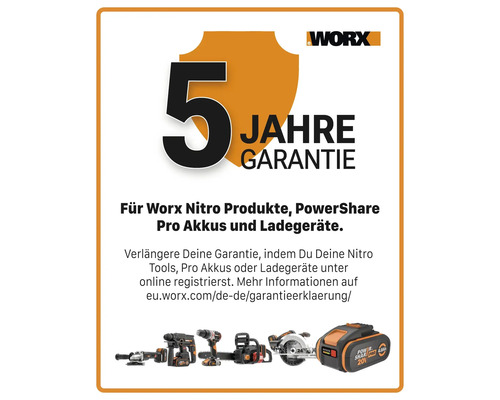 Worx fünf Jahre Garantie für Nitro Produkte, PowerShare Pro Akkus und Ladegeräte.