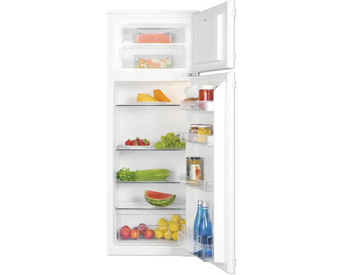 Kühlschrank mit Gefrierfach Amica EDTS 372 901 BxHxT 56 x 123 x 55 cm Geöffneter Kühlschrank mit verschiedenen Lebensmitteln.