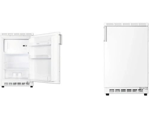 Weißer Kühlschrank mit Gefrierfach und geöffneter sowie geschlossener Tür