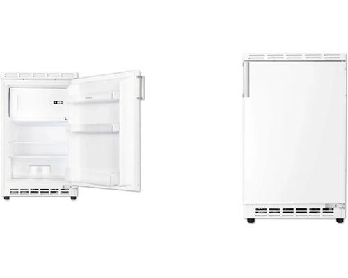 Weißer Kühlschrank mit geöffneter und geschlossener Tür.