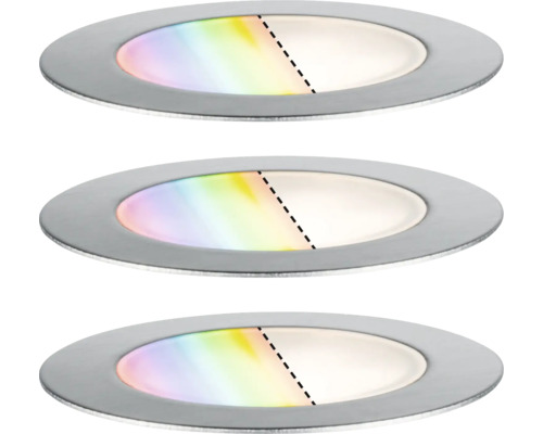 Paulmann Plug & Shine LED Bodeneinbauleuchte 90° Smart Home Zigbee 3.0 Starter-Set RGBW+ 2W 65 lm 3000 K Ø 7/6,3 cm Floor edelstahl 3 Stück Drei runde LED-Einbaustrahler