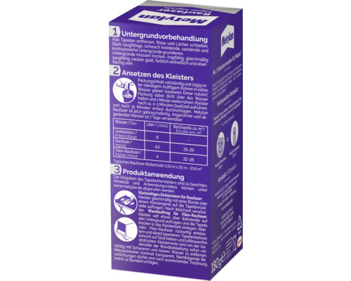 Metylan Raufaser Kleister Packung mit Informationen zur Untergrundvorbehandlung, Kleisterzubereitung und Produktanwendung
