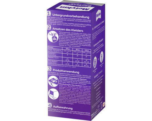 Metylan Raufaser Kleister Packung mit Informationen zur Untergrundvorbehandlung, Verarbeitung und Aufbewahrung