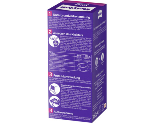 Metylan Vlies Kleister Packung mit Hinweisen zur Anwendung und Untergrundvorbereitung