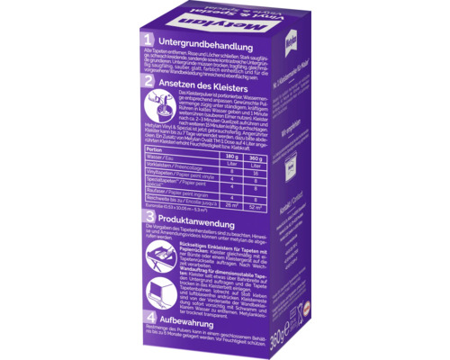 Metyelan Vinyl und Spezial Kleister Packung mit Anweisungen zur Anwendung und Vorbereitung.