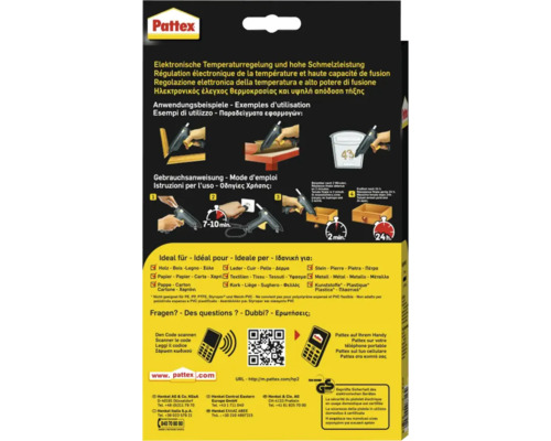 Pattex Verpackung mit Informationen zu elektronischer Temperaturregelung, Anwendungsbeispielen und Gebrauchsanweisung. Geeignet für Holz, Papier, Leder, Textilien, Stein, Metall, Pappe, Kork und Kunststoffe. GS Zeichen für geprüfte Sicherheit.