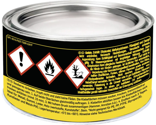 Dose mit Klebstoff und Gefahrenhinweisen