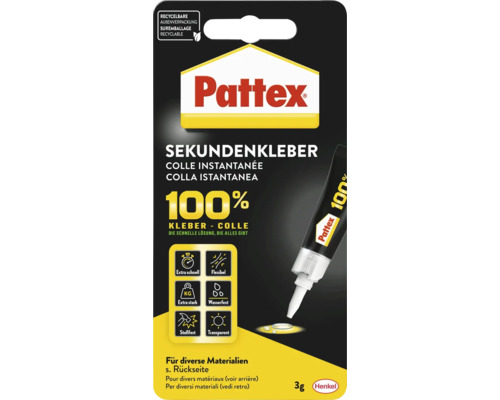 Pattex Sekundenkleber, 3 Gramm, für verschiedene Materialien, recycelbare Aussenverpackung