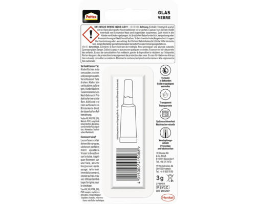 Pattex Glas Kleber Verpackungsrückseite mit Hinweisen und Sicherheitsinformationen