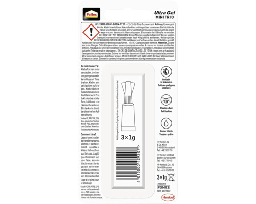 Pattex Ultra Gel Mini Trio Sekundenkleber, 3 mal 1 Gramm