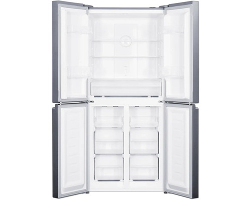 Geöffneter viertüriger Kühlschrank mit Regalen und Schubladen