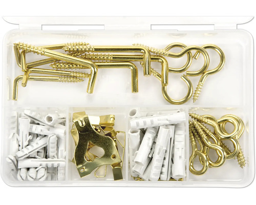 Sortimentskasten mit Schraubhaken, Bilderhaken und Dübeln