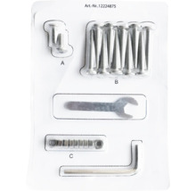 Befestigungsmaterial inklusive Schrauben, Muttern, Schraubenschlüssel und Inbusschlüssel