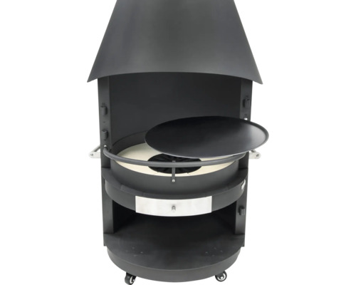 Schwarzer Holzkohlegrill mit Abzugshaube und runder Grillplatte