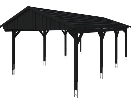 Schwarzer Holzcarport mit offenem Dach