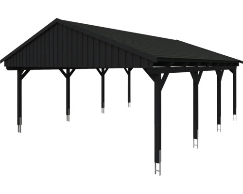 Schwarzer Carport mit Dach und Holzkonstruktion