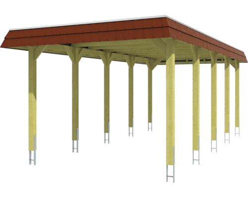 Holzcarport mit rotem Dach