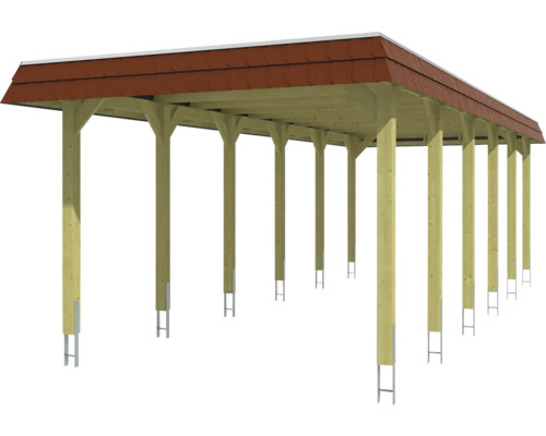 Holzcarport mit rotem Dach