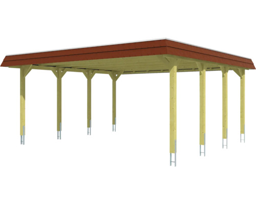 Holzcarport mit rotem Dach