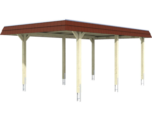 Carport aus Holz mit rotem Dach