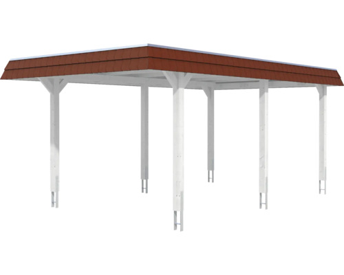 Weißer Holzcarport mit braunem Dach