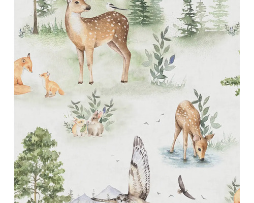 Tapete mit Waldtiermotiv wie Reh, Fuchs, Hase und Eule