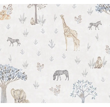 Tapete mit Illustrationen von Zebras, Giraffen, Löwen, Affen, Elefanten und Bäumen