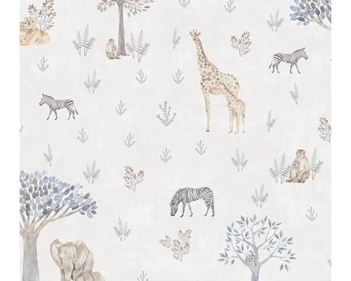 Tapete mit Illustrationen von Zebras, Giraffen, Löwen, Affen, Elefanten und Bäumen