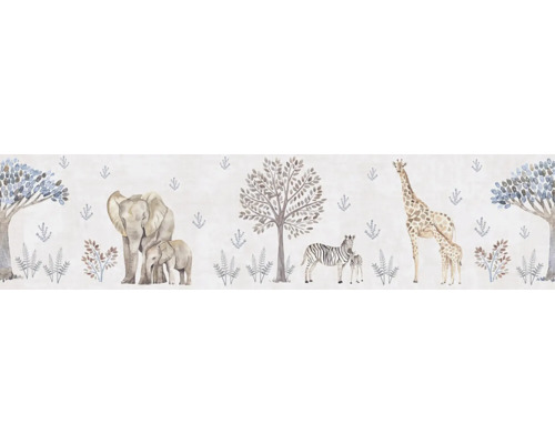 Illustration mit Elefanten, Zebras und Giraffen in einer Waldlandschaft
