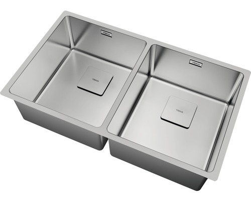Doppelspülbecken aus Edelstahl mit quadratischen Siebkorbventilen