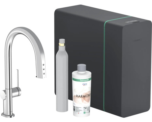 hansgrohe Küchenarmatur mit Filterfunktion SodaSystem AQITTURA M91 chrom mit Schlauchbox, Filterkopf, Mineralisierungskartusche Harmony mit Filter, CO2 Flasche und SodaBase 76806000 Hansgrohe Küchenarmatur mit Wassersprudler, CO2-Flasche und Reinigungsflasche
