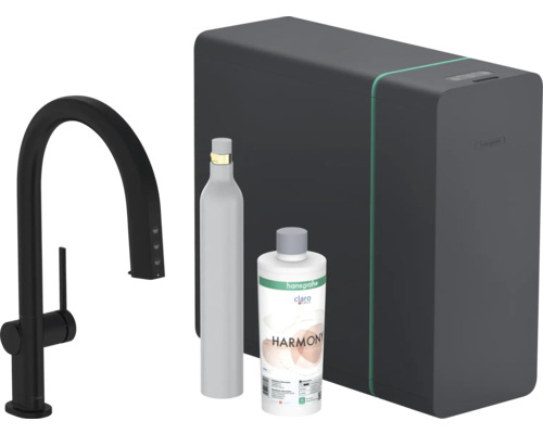 hansgrohe Küchenarmatur mit Filterfunktion SodaSystem AQITTURA M91 schwarz matt mit Schlauchbox, Filterkopf, Mineralisierungskartusche Harmony mit Filter, CO2 Flasche und SodaBase76806670 Hansgrohe Aqittura M90 Küchenarmatur mit Wassersprudler und Filteranlage