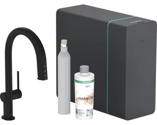 hansgrohe Küchenarmatur mit Filterfunktion SodaSystem AQITTURA M91 schwarz matt mit Schlauchbox lite, Filterkopf, Mineralisierungskartusche Harmony mit Filter, CO2 Flasche und SodaBase 76839670 Hansgrohe Aqittura M54 Filter-System mit Armatur, CO2-Flasche und Filterkartusche