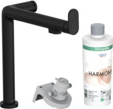 Schwarze Waschtischarmatur, Wasserfilter und Reinigungsflasche