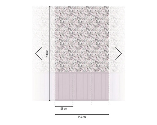 Dekoratives Wandpaneel mit Blumen- und Vogelmuster, Abmessungen 159 cm x 280 cm.