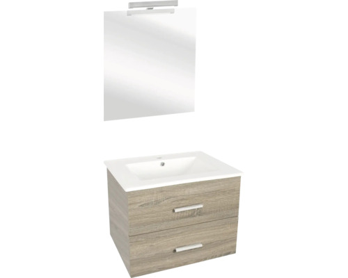 Badmöbel-Set Differnz Luka BxHxT 60 x 170 x 48 cm Frontfarbe eiche hell mit Waschtisch Keramik weiß und Waschtisch Spiegel mit LED-Beleuchtung Waschtischunterschrank Waschtischkombination mit Spiegel und Unterschrank