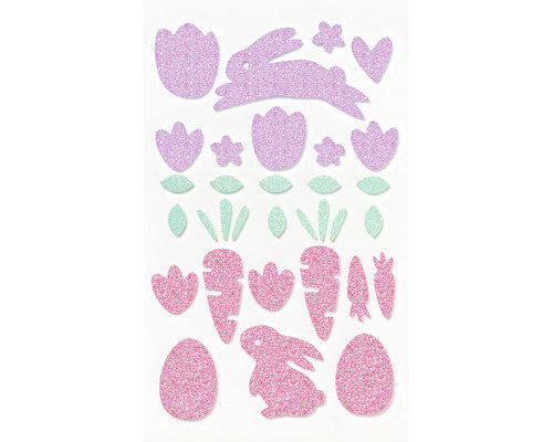 Glitzerdekoration mit Ostermotiven, einschließlich Hase, Ei, Blume und Karotte