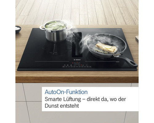 Bosch Kochfeld mit Dunstabzugshaube, Topf und Pfanne