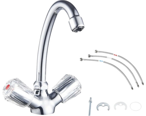 Küchenarmatur mit zwei Griffen und Installationsmaterial