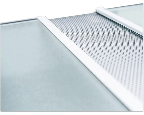 Nahaufnahme einer Glasplatte mit Schutzgitter und Rahmen