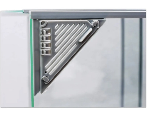 Detailaufnahme einer grauen Eckverbindung an einer Glasplatte