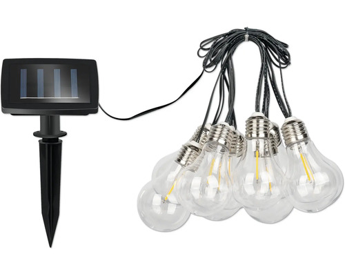 LED SolarLichterkette 10x Leuchtmittel 2700 K 2 m Solar Lichterkette mit mehreren klaren Glühbirnen und einem Solarpanel mit Erdspieß