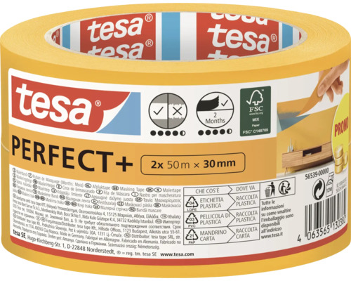 Tesa Perfect+ Malerkrepp, zwei Rollen mit je 50 Meter Länge und 30 Millimeter Breite