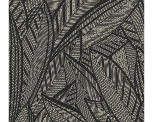 Vliestapete 39933-4 French Affair Palmenblätter schwarz glänzend Detailansicht einer Tapete mit grafischem Blattmuster