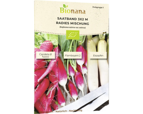Bio Radieschen Candela di fuoco, Flamboyant 2, Eiszapfen Gemüsesamen Saatband Bionana Saatband mit Radieschenmischung, 3x2 Meter