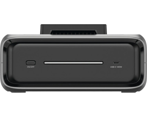 Schwarze Powerstation mit Ein- und Ausschalter sowie USB-C 140 Watt Anschluss